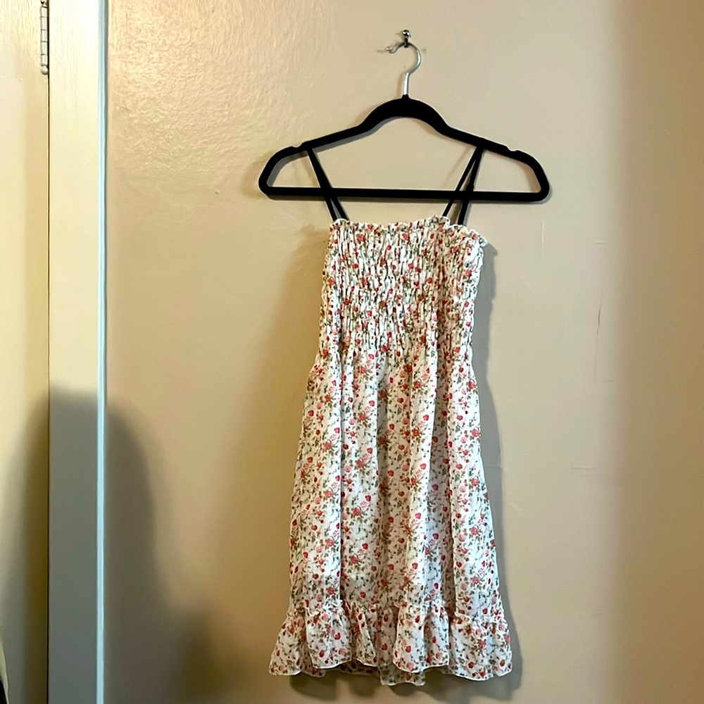 White Pink Floral Print Convertible Spaghetti Strap Shirring Ruffle Design XS-S
